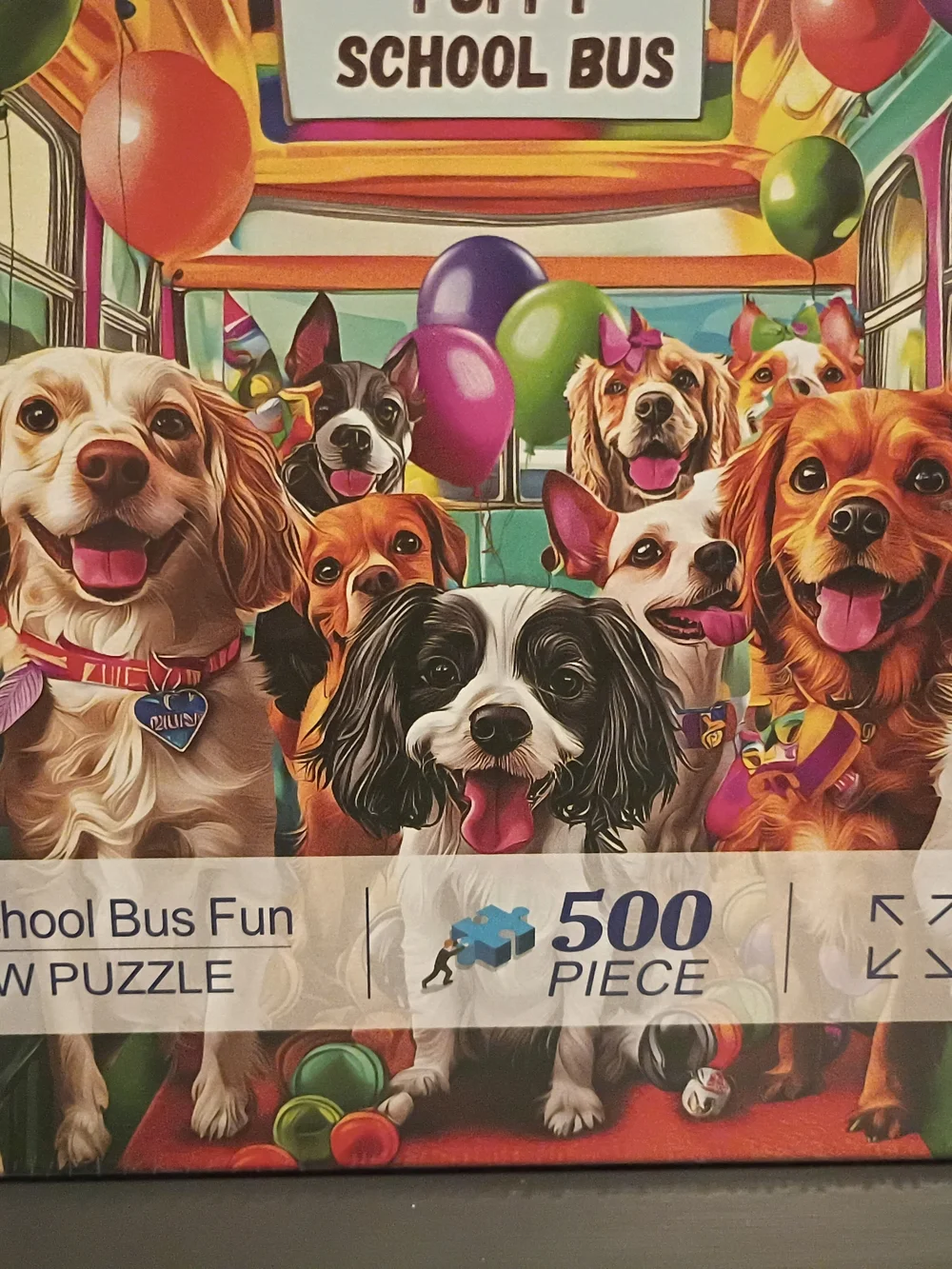 Jigsaw Puppy School Bus Puzzle - Bright Multicolor Dogs & Balloons Adult